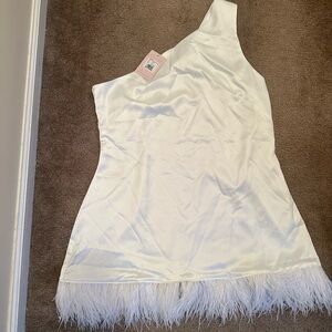 Birdy Grey Brooke One-Shoulder Satin White Dress with Feather Trim XXL  NWT